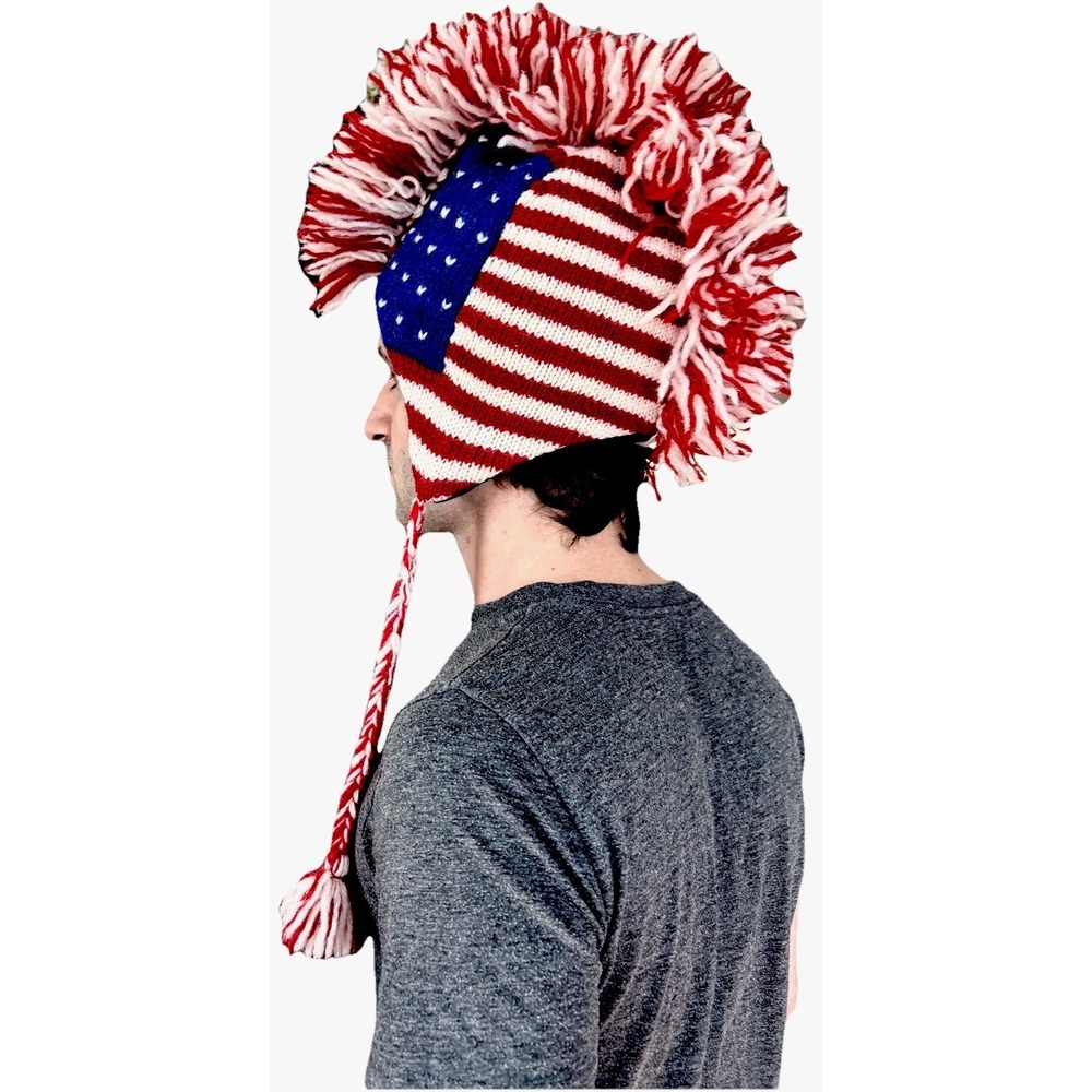 Nepal Mohawk Winter Ski Hat Cap 100% Wool Fleece Lining Red Blue White & Blue ❤️
